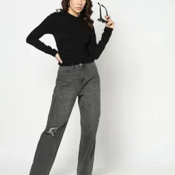 yousta Women Mid-Wash High-Rise Distressed Straight Fit Jeans image 1