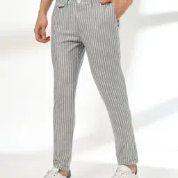 john players Men Striped Slim Fit Flat-Front Trousers image 1