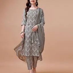 berrylicious Women Ikat Print Straight Kurta with Pants & Dupatta-picture-36