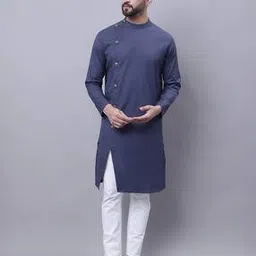 even Mandarin Collar Kurta with Side Button Accent-picture-52