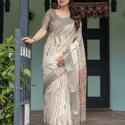 almaari fashion Women Aztec Print Linen Saree with Tassels-picture-51