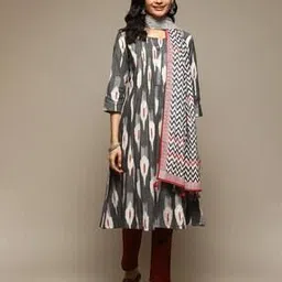 biba Women Ikat Woven Straight Kurta & Dupatta Set-picture-49