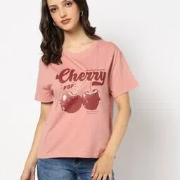 yousta Women Cherry Graphic Print Regular Fit Crew-Neck T-Shirt-picture-29