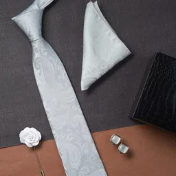 axlon White Pasiley Tie For Men – Formal Ties Set With Pocket Square & Tie Pin Clip For Mens, Silk Neckties Gift Sets For Men’s (AX24_50) image 3