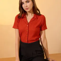 globus Women Self Design Notch Lapel Collar Short Sleeves Work Wear Shirt image 1