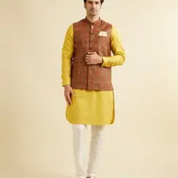 manyavar Men Printed Regular Fit Nehru Jacket with Pocket Square & Brooch-picture-27