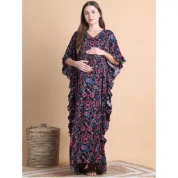 Secret Wish Black Ikkat Printed Rayon Maternity Kaftan-image-40