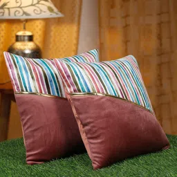 HOSTA HOMES Peach Coloured & Blue 2 Pcs Striped Velvet Square Cushion Covers-picture-38