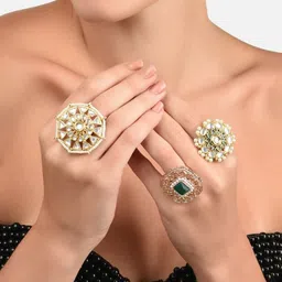 Zaveri Pearls Set Of 3 Gold-Plated White & Green Kundan-Studded & Beaded Meenakari Finger Rings-picture-39