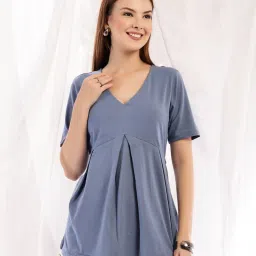 Zelena Cotton Maternity And Nursing Top - V-Neck With Zips, Postpartum Wear -Blue-picture-14