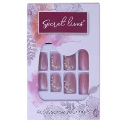 Secret Lives Designer Cats Eye Reusable Artificial Nails Extension Pink Color with 3d White and Golden Pearl Fake Nails Design 24 Pieces Set with Manicure Kit image 3