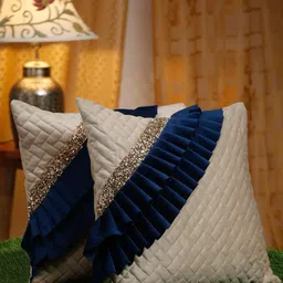 HOSTA HOMES Off White & Navy Blue 2 Pieces Embellished Square Cushion Covers-picture-10