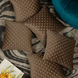 HOSTA HOMES Brown & Cream-Coloured Set of 5 Embroidered Velvet Square Cushion Covers image 1