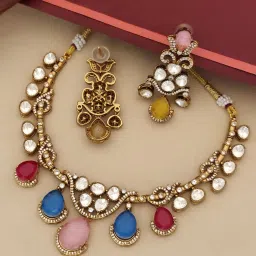 Abdesigns Multi-Color Gold Plated Polki American Diamond Studded Necklace with Earrings image 2