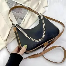 aksuti Women's Hobo Shoulder Bag with Chain, Black and Brown, Faux Leather image 2