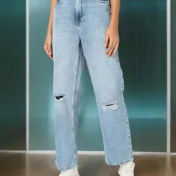 dnmx Women Heavily Washed Distressed Straight Fit Jeans image 1