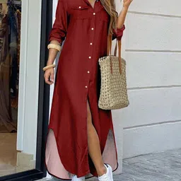 outzidr global Women Shirt Dress with Flap Pockets image 1