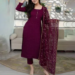 fashion basket Women Embroidered 3-Piece Semi-Stitched Straight Dress Material image 1