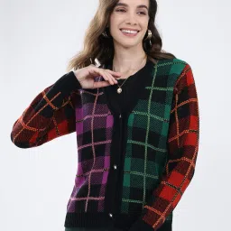 monte carlo Women Checked Cardigan with Ribbed Hem image 1
