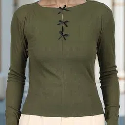 Shein Keyhole Neck Full Sleeves Ribbed Bow Detail Fitted Top-image-61
