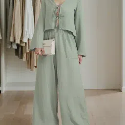 Shein Tie-Up Neck Open Front Textured Top With Palazzo image 1