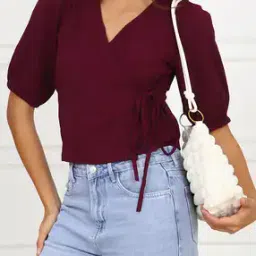 Shein Short Puff Sleeve Side Tie-Up Textured Wrap Top-picture-19