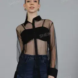 Shein Casual Full Cuffed Sleeves Curved Hem Sheer Mesh Shirt-picture-51