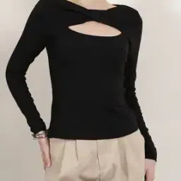 Shein Full Sleeves Front Cut-Out Ribbed Fitted Top-picture-52