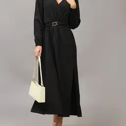 Shein Elegant Peasant Sleeve Mock Wrap Midi Split Thigh Dress-picture-31
