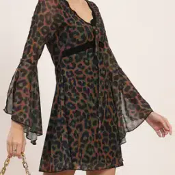 Shein Bell Sleeve Lace Trim Animal Print A-Line Dress-picture-46