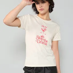 Shein Casual Feminine Cream Typographic Full Front Print Crew T-shirt image 1