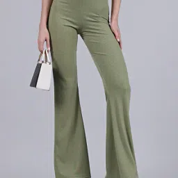 Shein Full Length High Rise Ribbed Boot Fit Khaki Trousers image 1