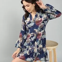 Shein Casual Flounce Sleeves Pleated Hem Abstract Print Skater Dress-image-19