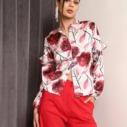 Shein Band Collar Peasant Sleeves Floral Print Shirt-picture-25