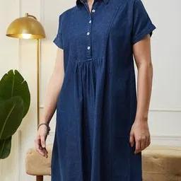 Shein Spread Collar Extended Sleeve Pleated Denim Dress-picture-13