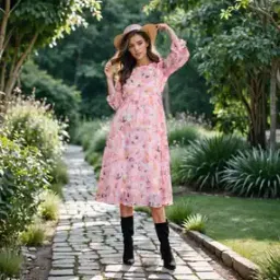 Shein Bohemian Cuffed Sleeves Floral Print Midi Empire Dress-picture-38