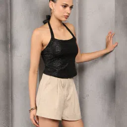 Shein Tie-Up Halter Neck Backless Textured Fitted Top image 2