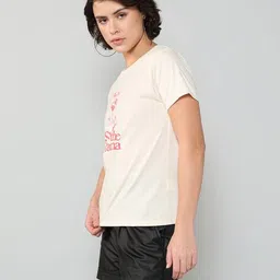 Shein Casual Feminine Cream Typographic Full Front Print Crew T-shirt image 2