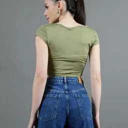 Shein Cap Sleeves Fitted Khaki Crop Top image 2