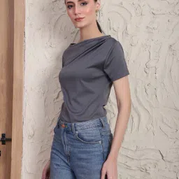 Shein Asymmetrical Ruched Neck Short Sleeve Bodysuit image 2