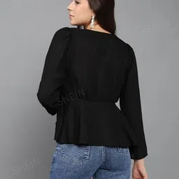 Shein Bold Front Tie-up Deep Full-length Puff Sleeves Blouse image 2