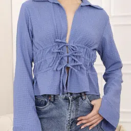 Shein Full Sleeve Textured Open Front Tie-Up Short Top image 1