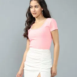 Shein Casual Scoop Neck Short Sleeves Ribbed Peach Leotard Top image 2
