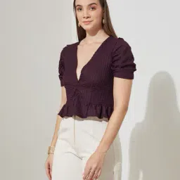 Shein Plunging Neck Puff Sleeve Textured Peplum Top image 2