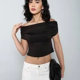 Shein Casual Crop Length Off Shoulder Curved Hem Ruched Top-picture-36