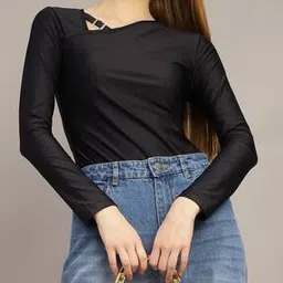 Shein Asymmetrical Neck Full Sleeve Buckle Detail Fitted Leotard Top-picture-24