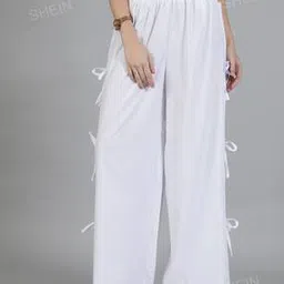 Shein Casual Full Length High Rise Wide Track Pants with Side Bow Detail-image-28