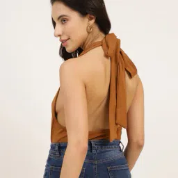 Shein Bold Halter Cowl Neck Tie-Up Sleeveless Bodysuit image 3