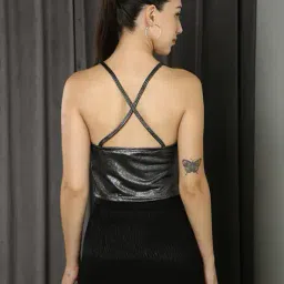 Shein Party Cowl Neck Shimmer Ruched Fitted Short Cami Top image 3