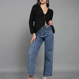 Shein Bold Front Tie-up Deep Full-length Puff Sleeves Blouse image 3